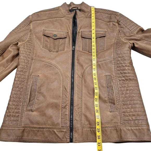 Buckle Black Jacket Mens XL Brown Faux Leather Moto Style Full Zip Distressed